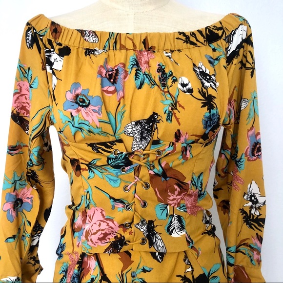 LULUMARI Yellow Floral Tunic off-shoulder Top - Picture 2 of 15